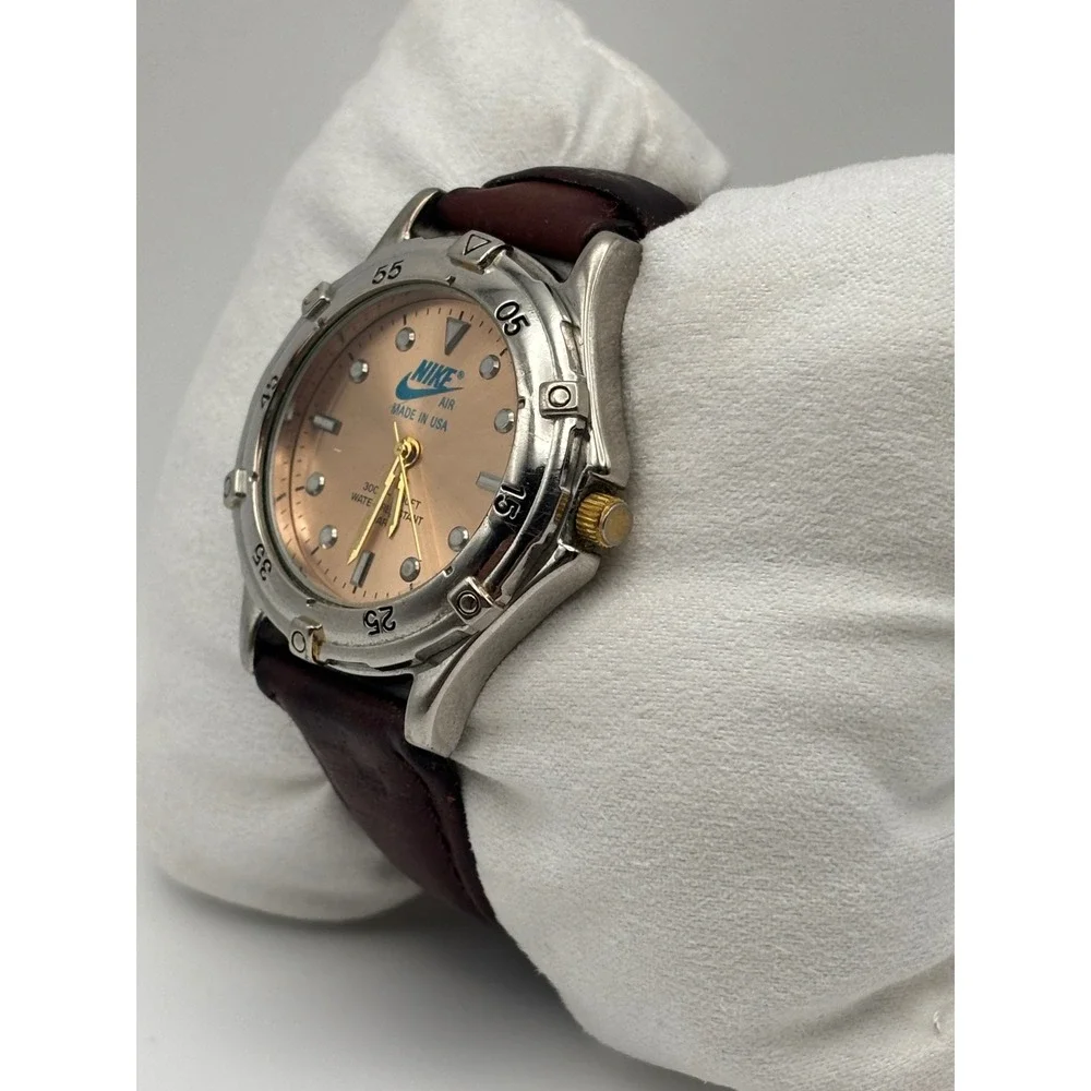 Vintage Nike Air Made in USA Watch Brown Leather Strap 5268K Silver Gold Tone